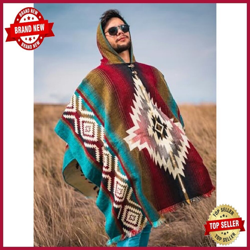 Handmade Alpaca Wool Poncho Hooded Oversized Mens Outerwear - Picture 7 of 8